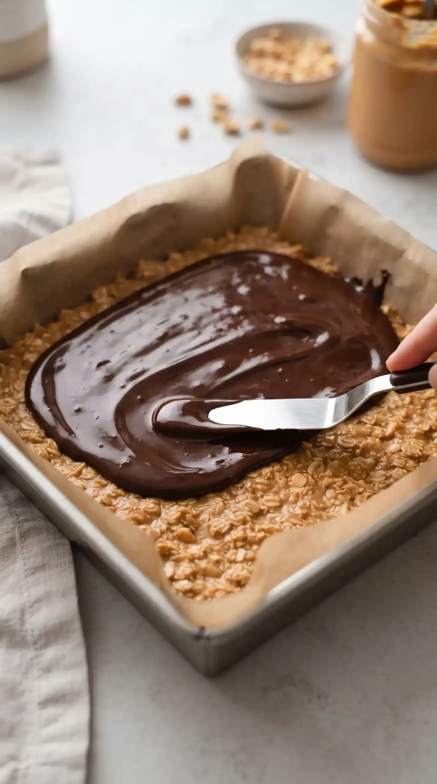 Dark chocolate being spread over a chilled peanut butter oat base