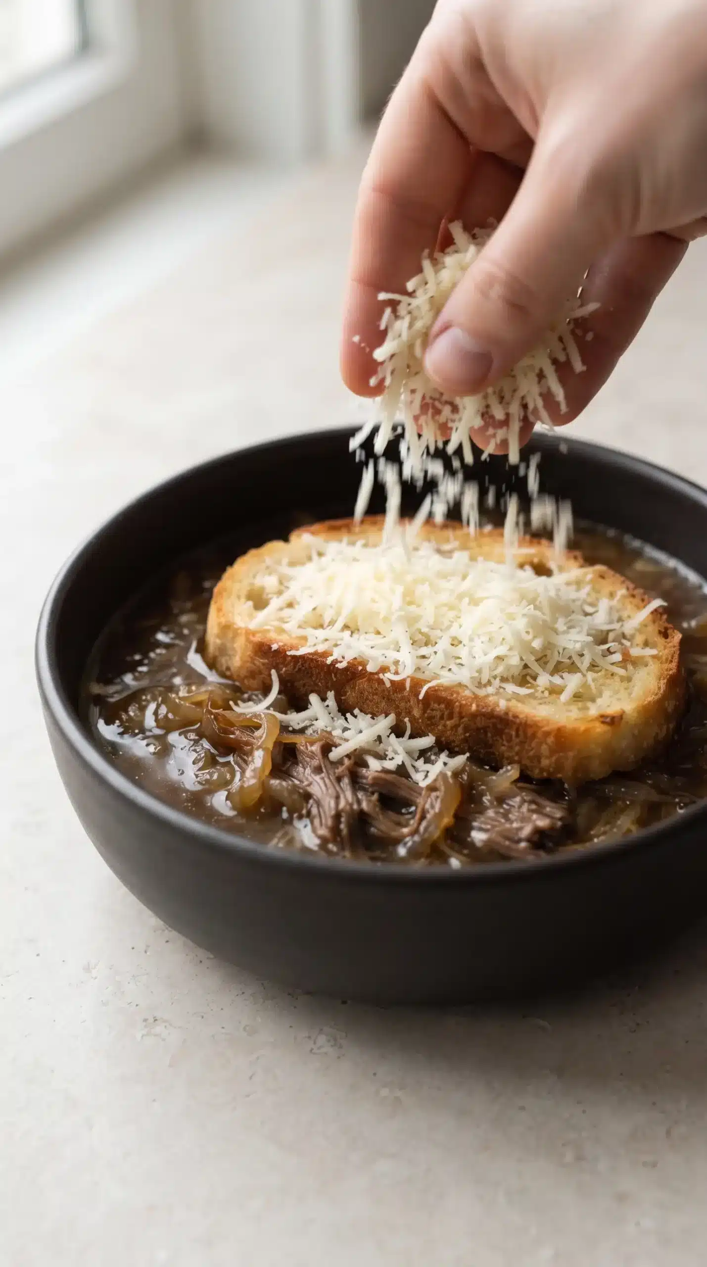 Adding grated Gruyère to toasted sourdough topping on short rib soup