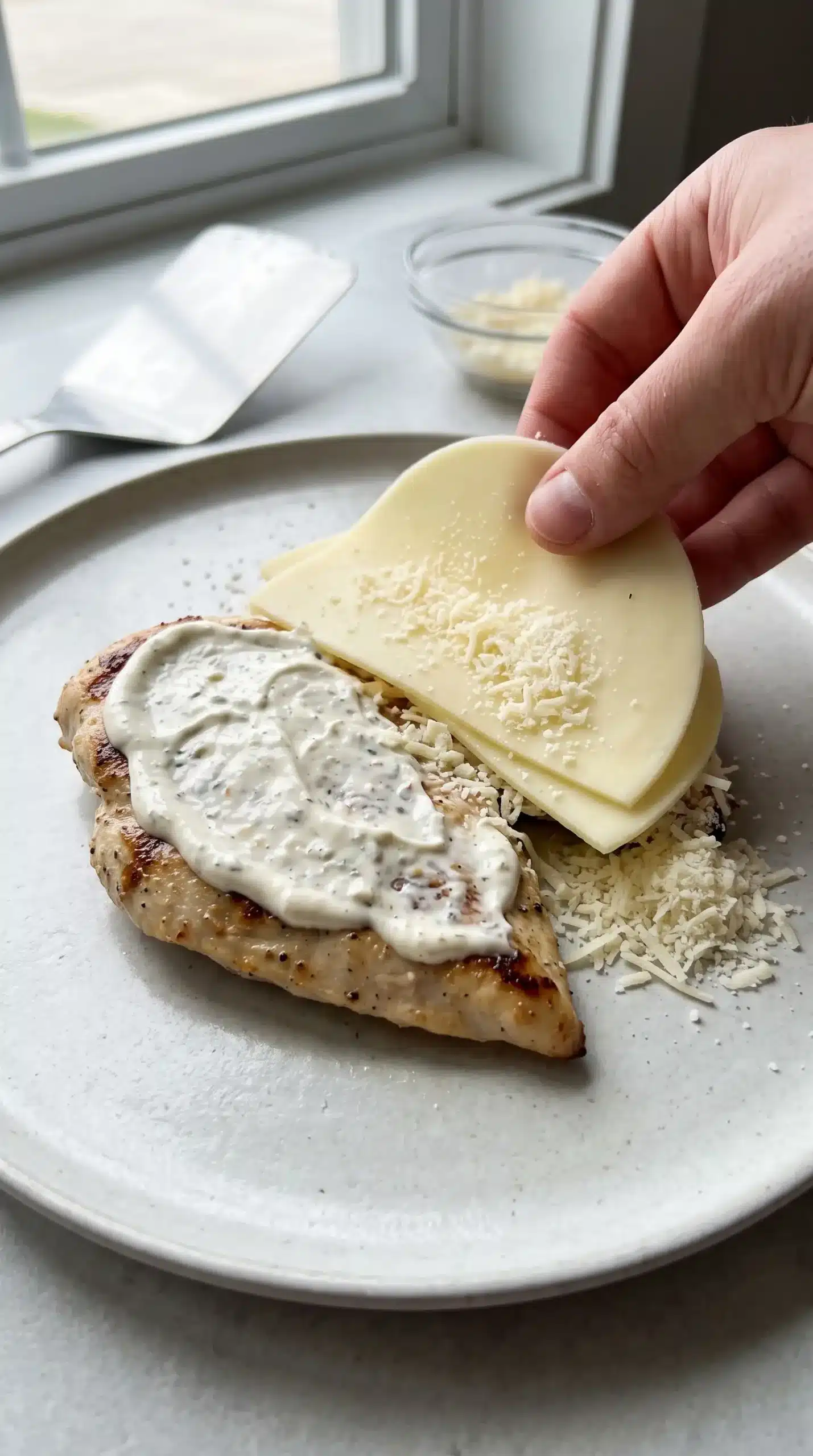 Grilled chicken breast with ranch garlic layer and Parmesan cheese being added