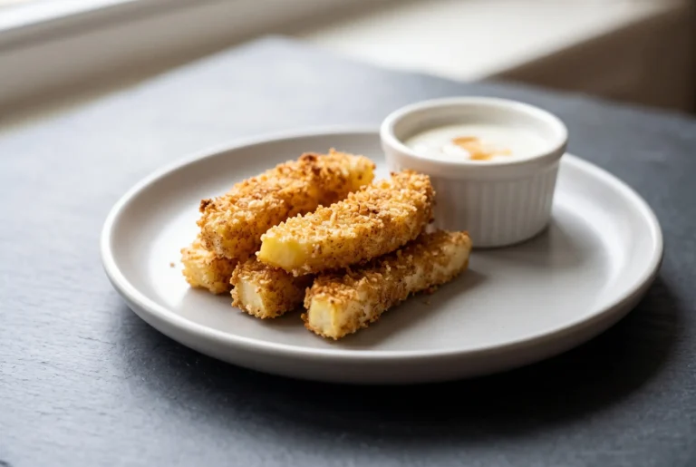 Air fryer apple fries with a crisp cinnamon panko coating on a plate