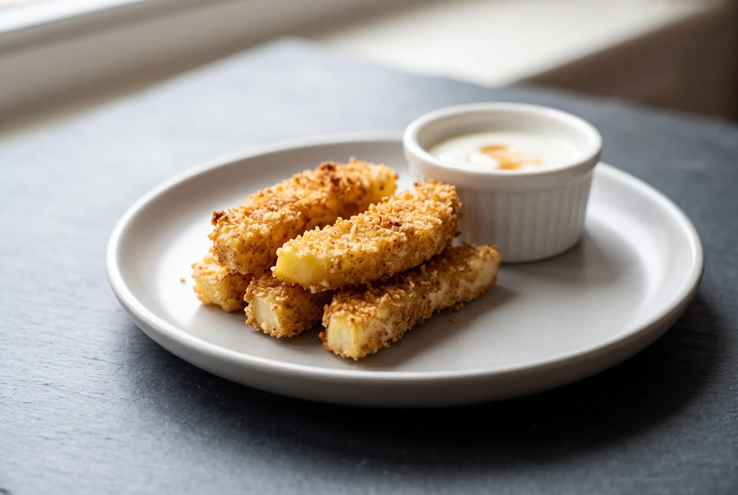 Air fryer apple fries with a crisp cinnamon panko coating on a plate