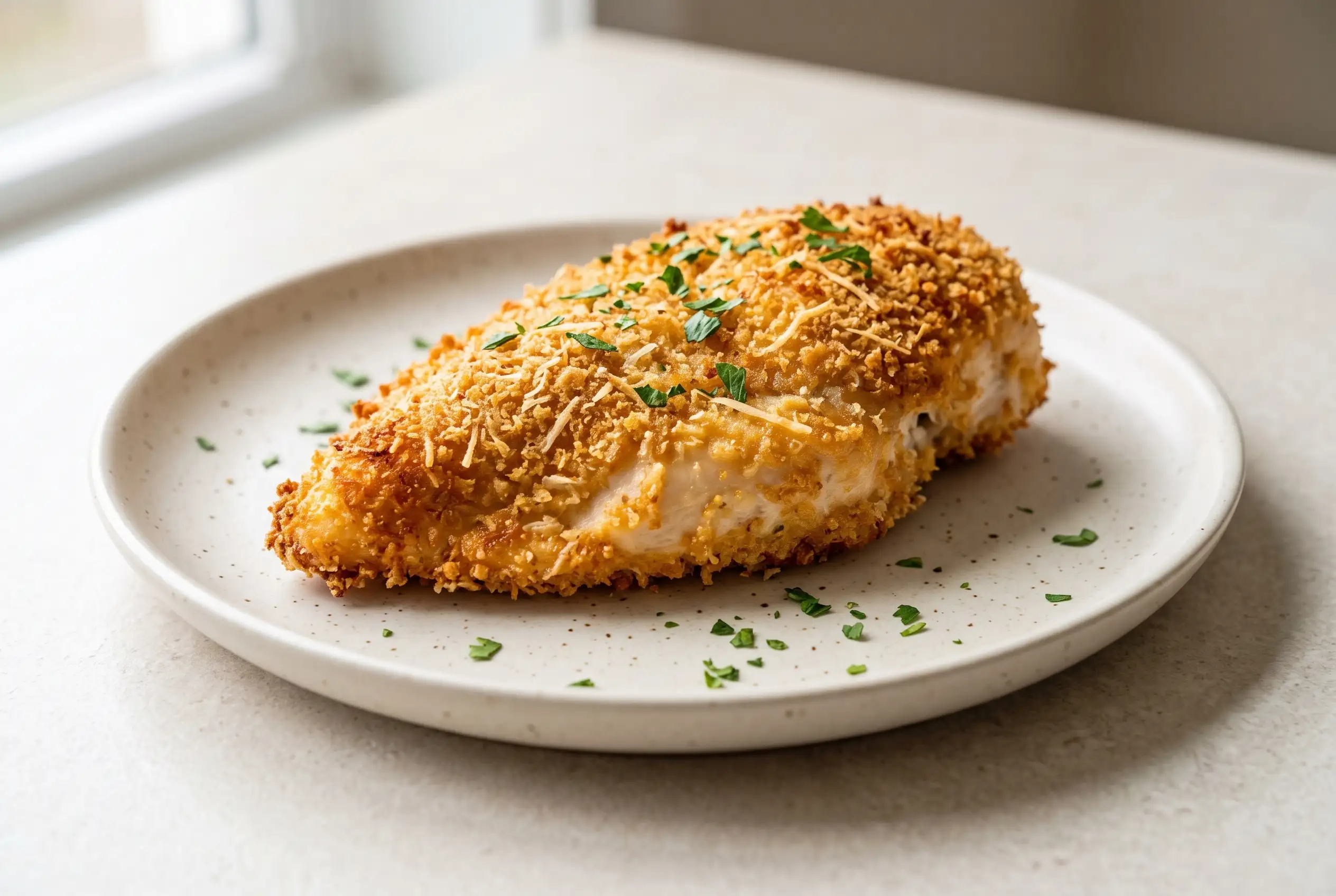 Air fryer breaded chicken breast with a golden Parmesan crust and parsley on a neutral plate
