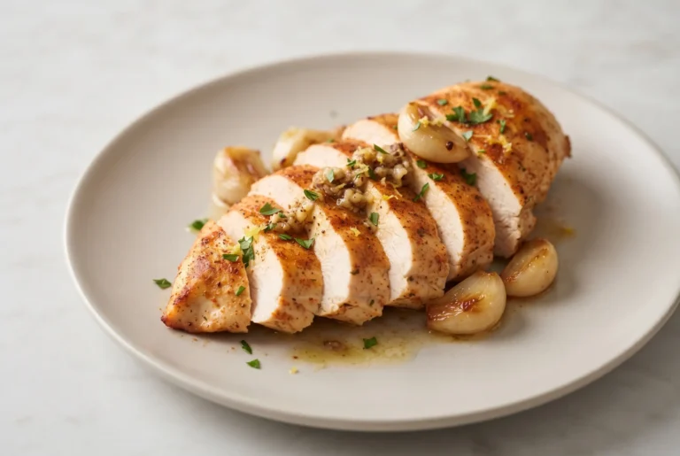 Air fryer garlic butter chicken sliced with roasted garlic, browned butter, and parsley on a ceramic plate