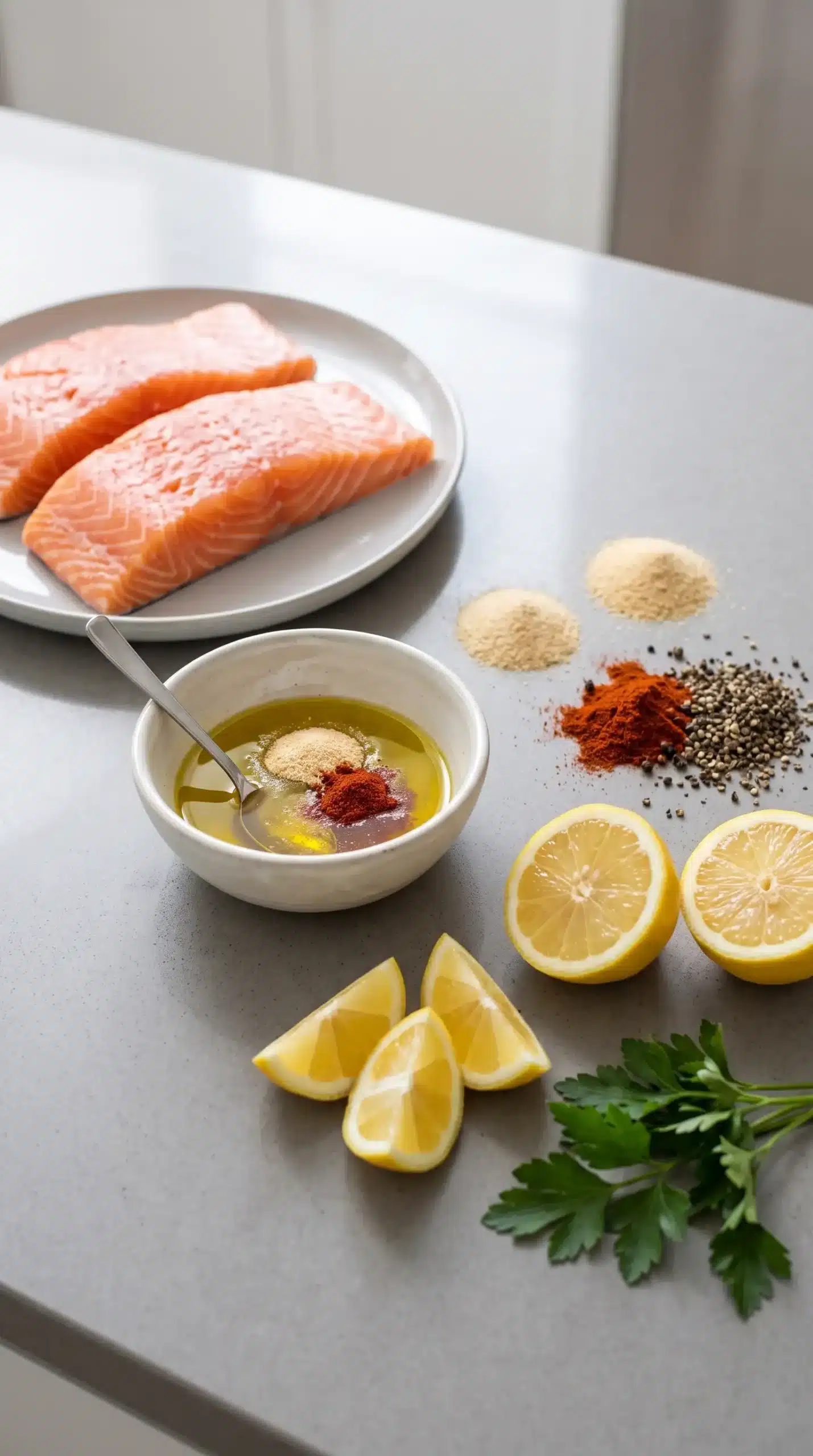 Seasoning ingredients for air fryer salmon with salmon fillets, lemon, and spices