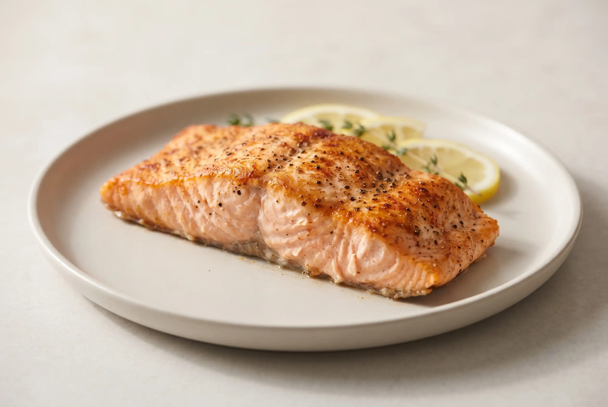 Air fryer salmon fillet with garlic, lemon, and crisp browned edges on a plate