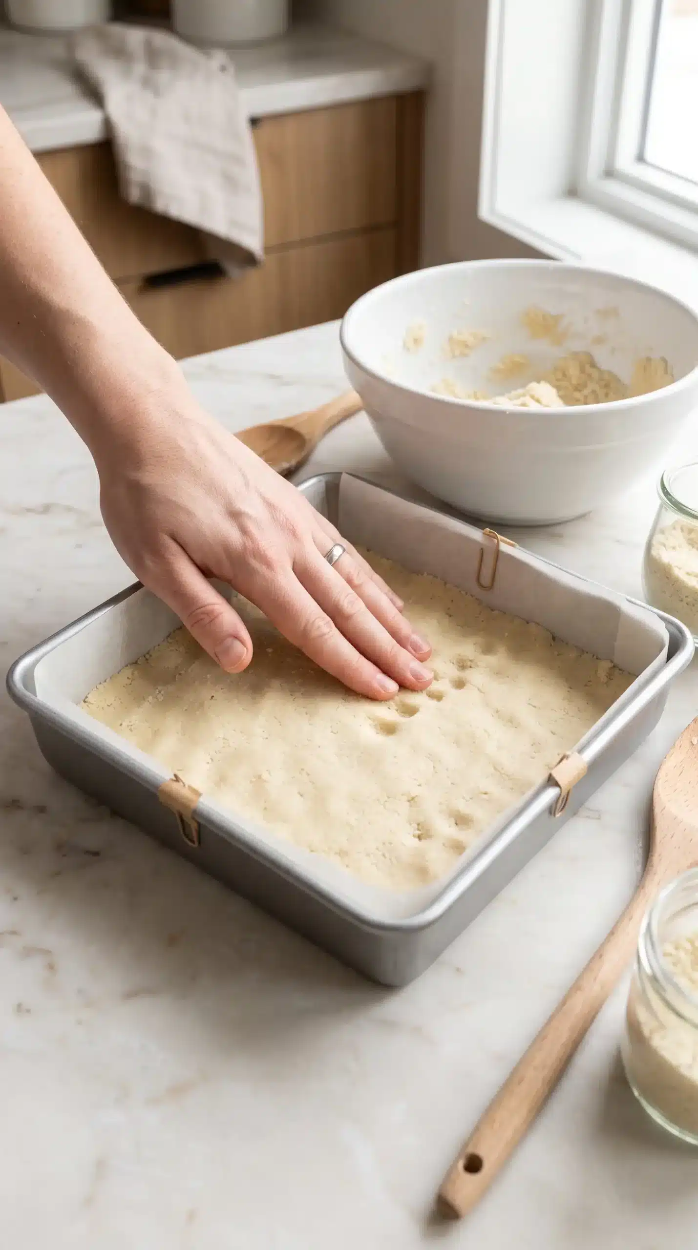 Almond flour dough pressed into a pan for the shortbread base of healthy Twix bars