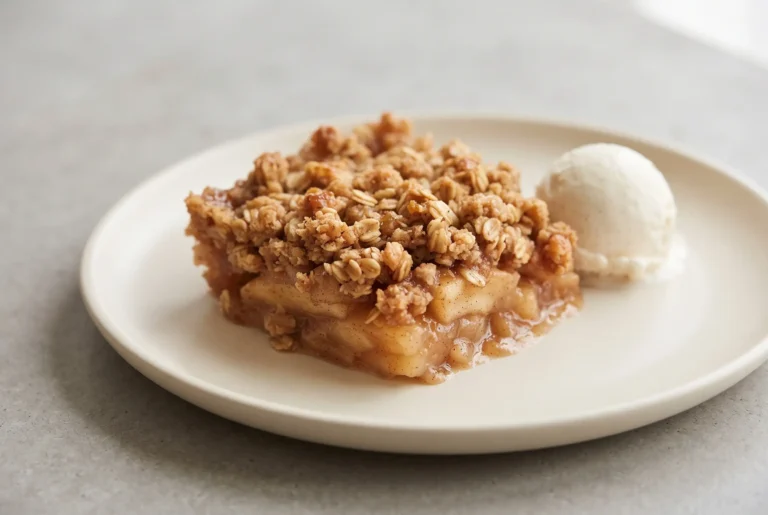 Amish apple crisp with cinnamon apples and golden oat topping on a ceramic plate