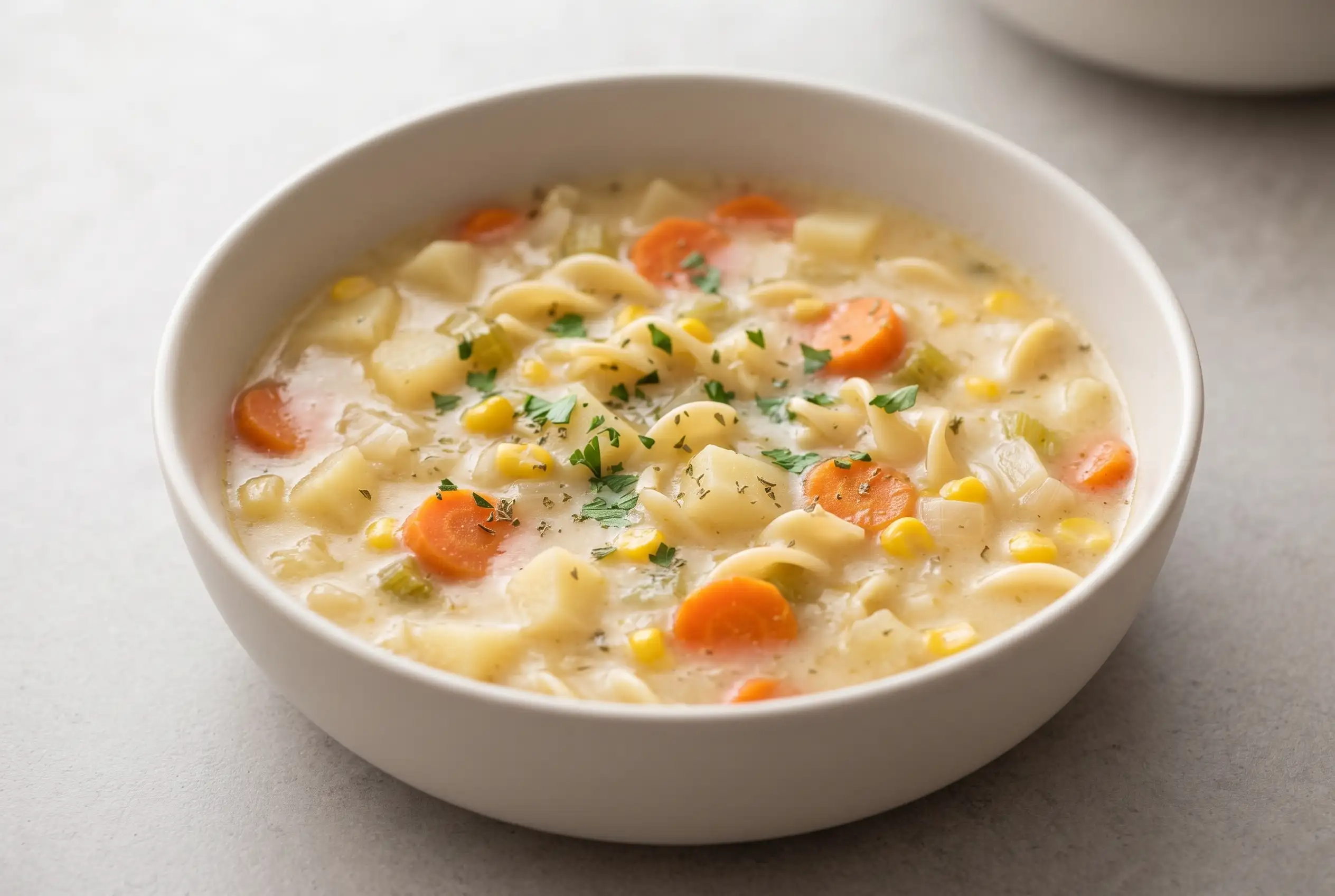 Amish snow day soup with potatoes, vegetables, and tender noodles in a ceramic bowl