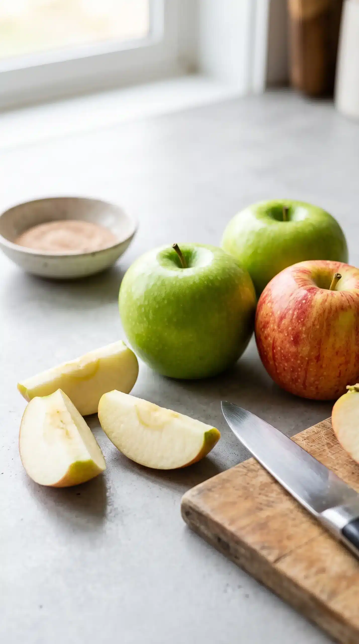 Granny Smith and Honeycrisp apples with freshly cut wedges for apple fries