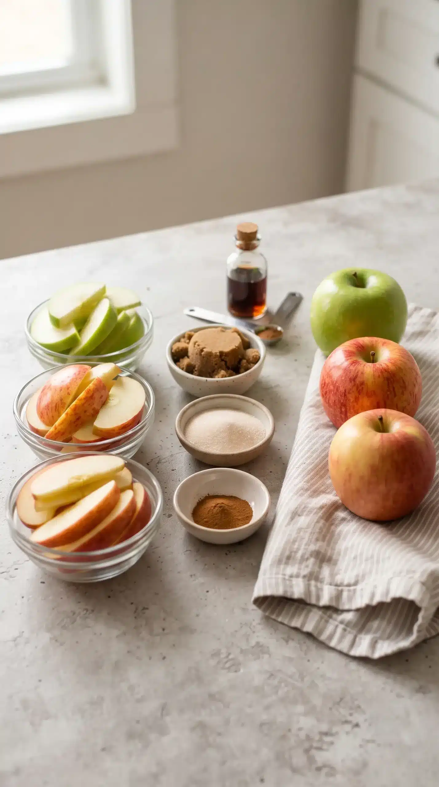 Granny Smith, Honeycrisp, and Fuji apples with apple crisp ingredients