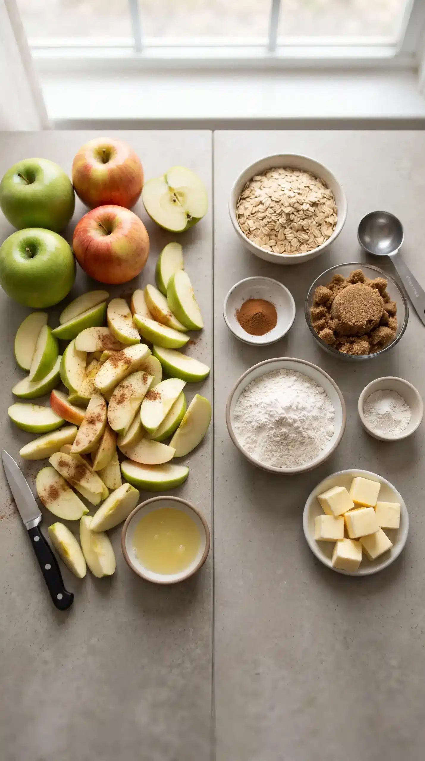 Sliced apples, oats, brown sugar, flour, cinnamon, and butter for apple crisp