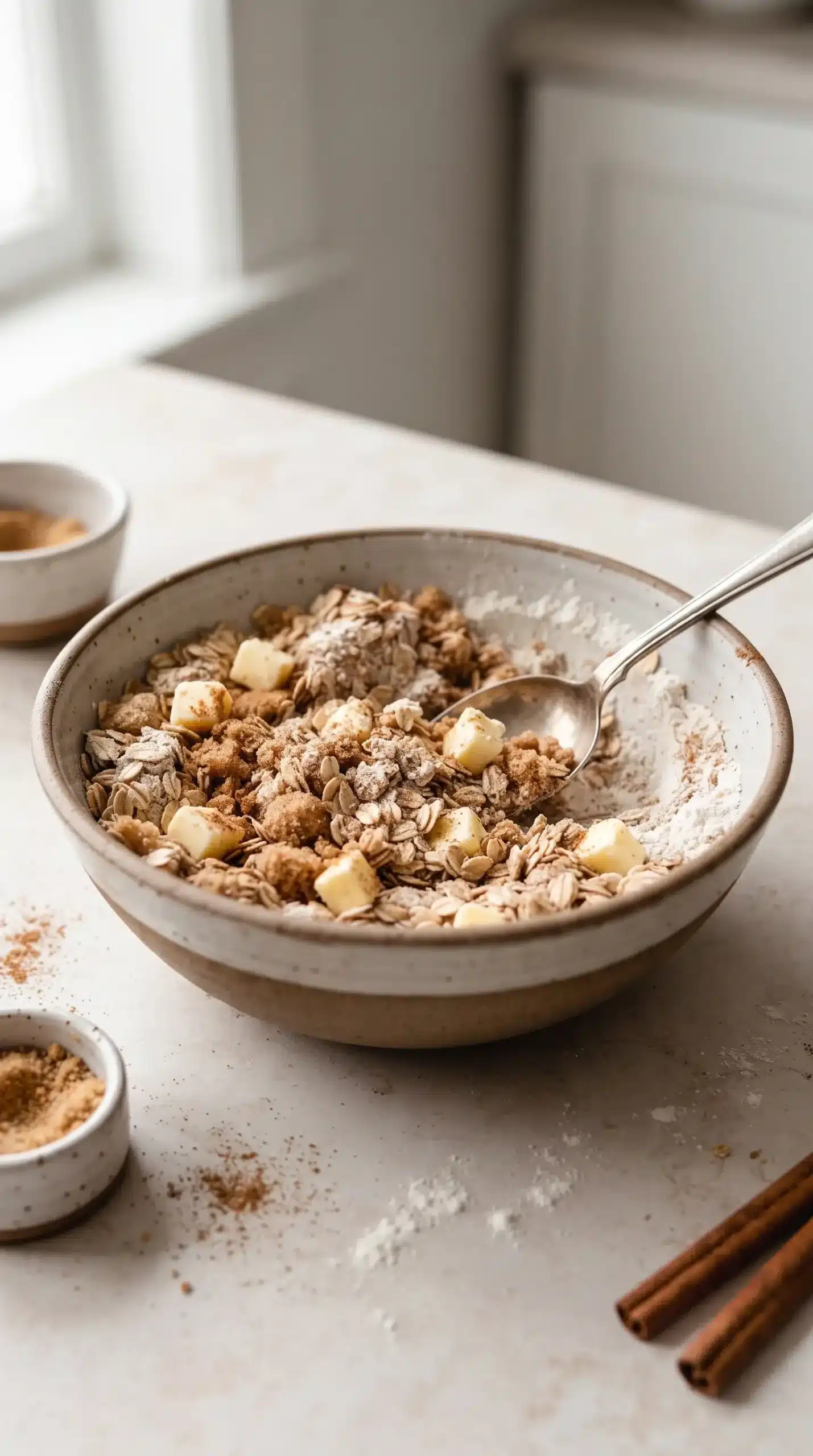 Oat topping mixture with oats, flour, sugar, cinnamon, and butter
