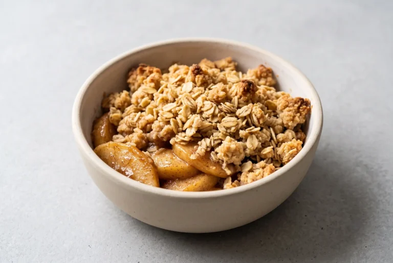 Warm cinnamon apple crisp with baked apples and golden oat crumble topping