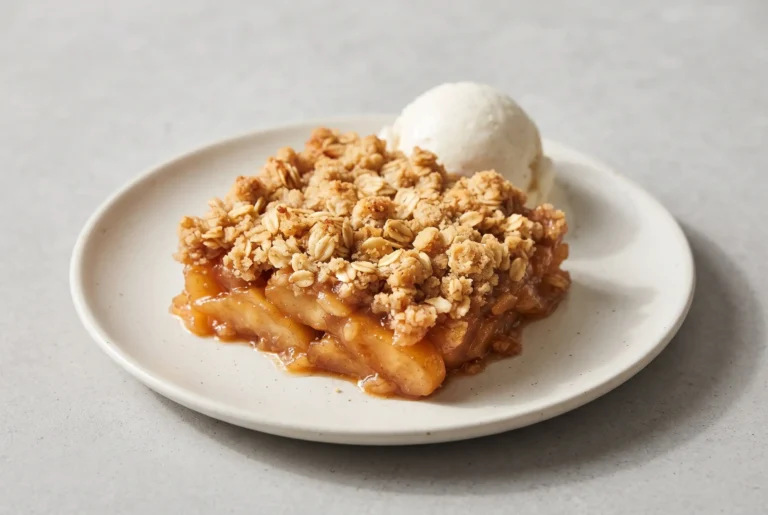 Serving of apple crisp with cinnamon apples and golden oat topping on a ceramic plate