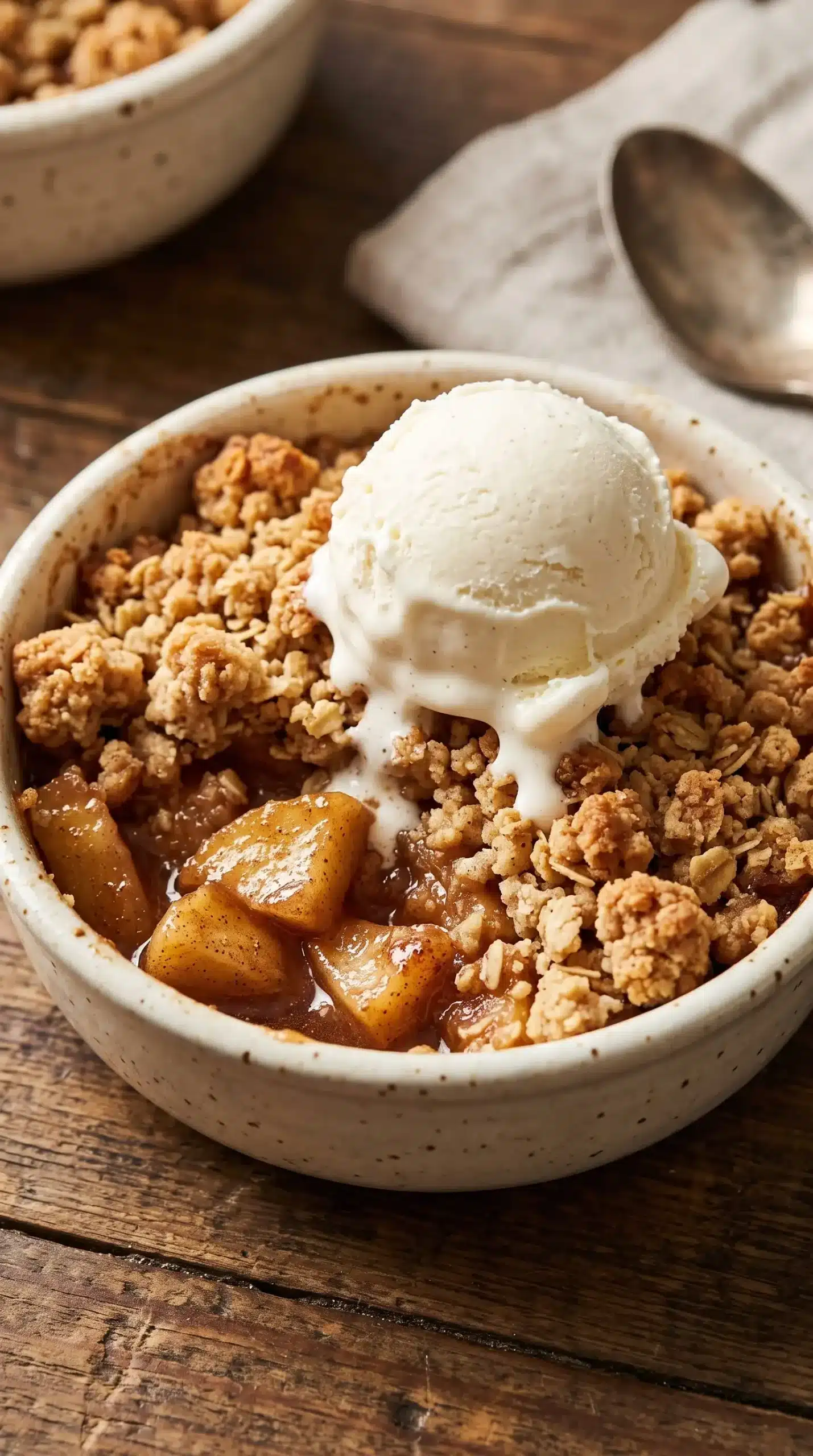 Apple crisp serving with cinnamon baked apples, oat topping, and vanilla ice cream