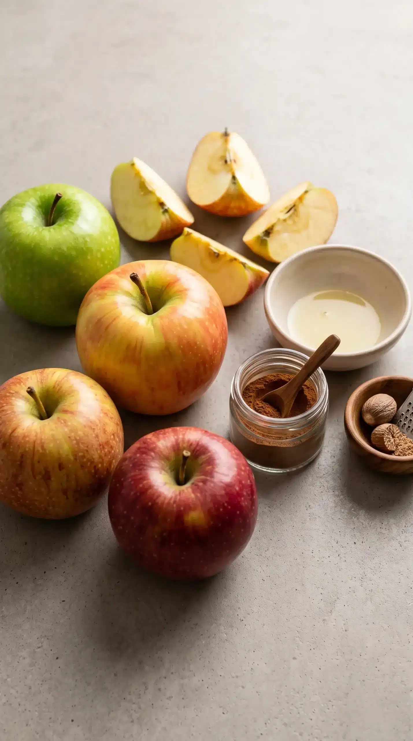 Fresh apples with cinnamon, nutmeg, and lemon juice for apple crisp preparation