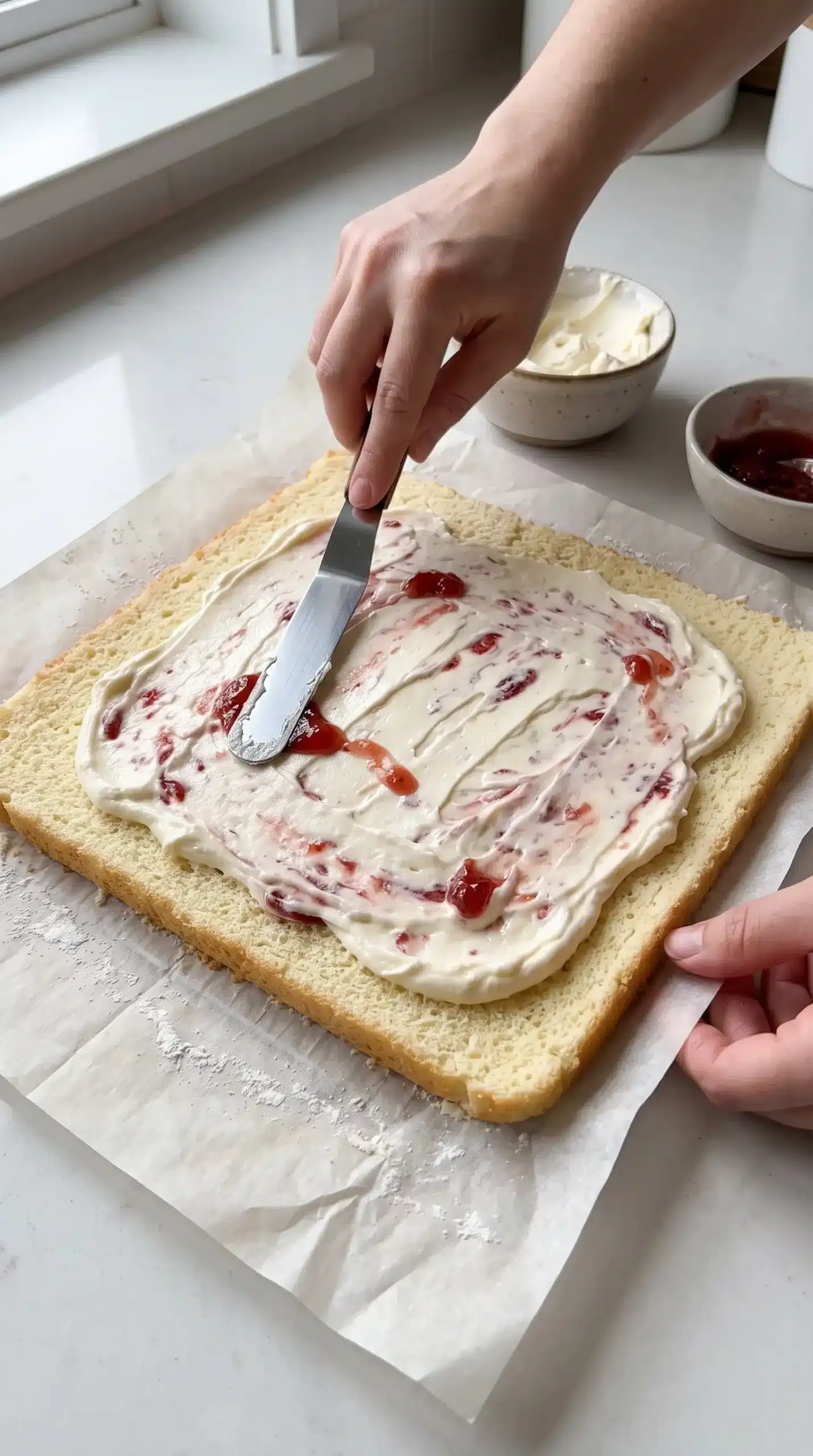 Sponge cake sheet being spread with cream filling and strawberry preserves during roll assembly