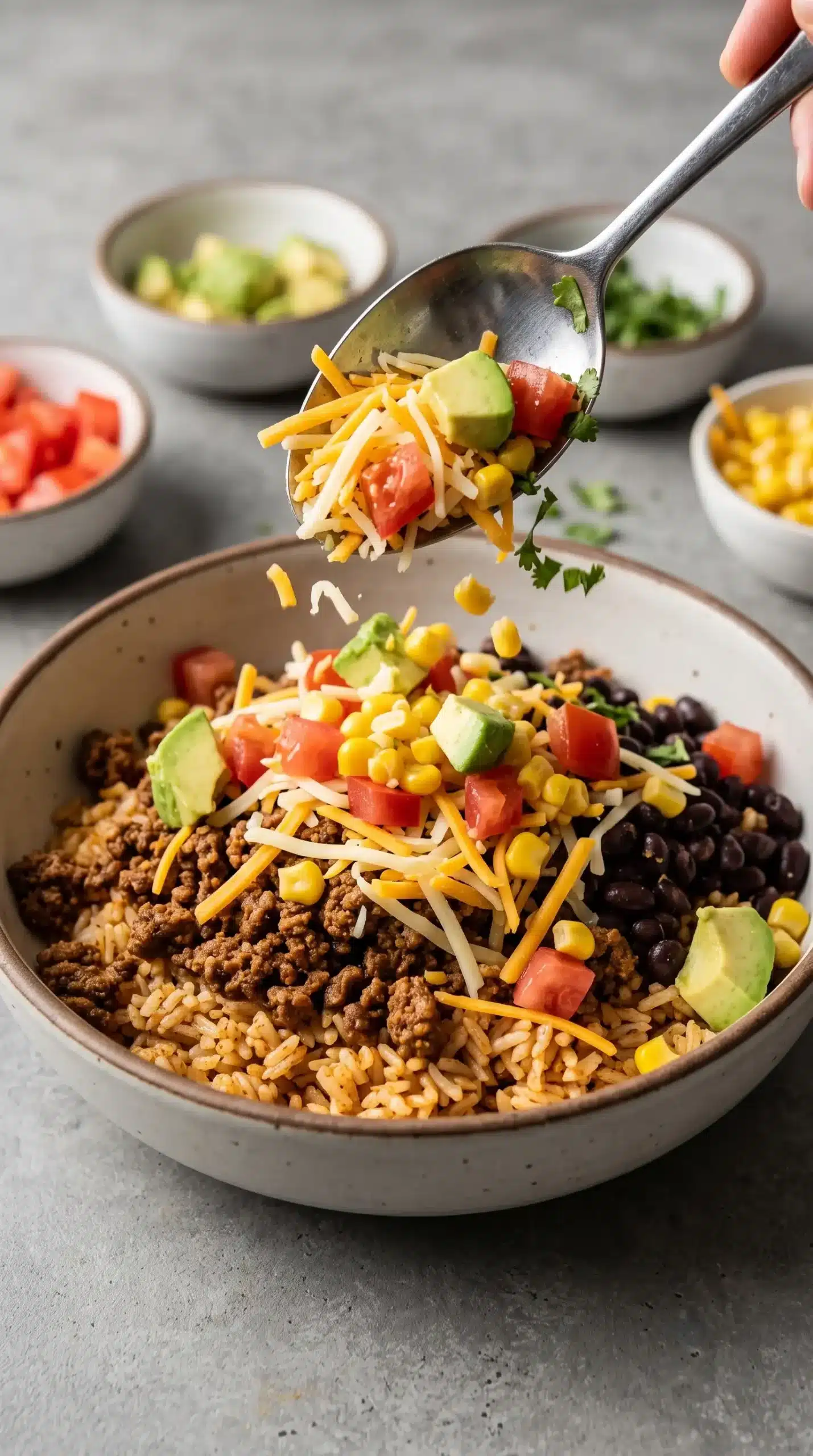 Taco Rice Bowl being assembled with rice, protein, black beans, cheese, and fresh toppings