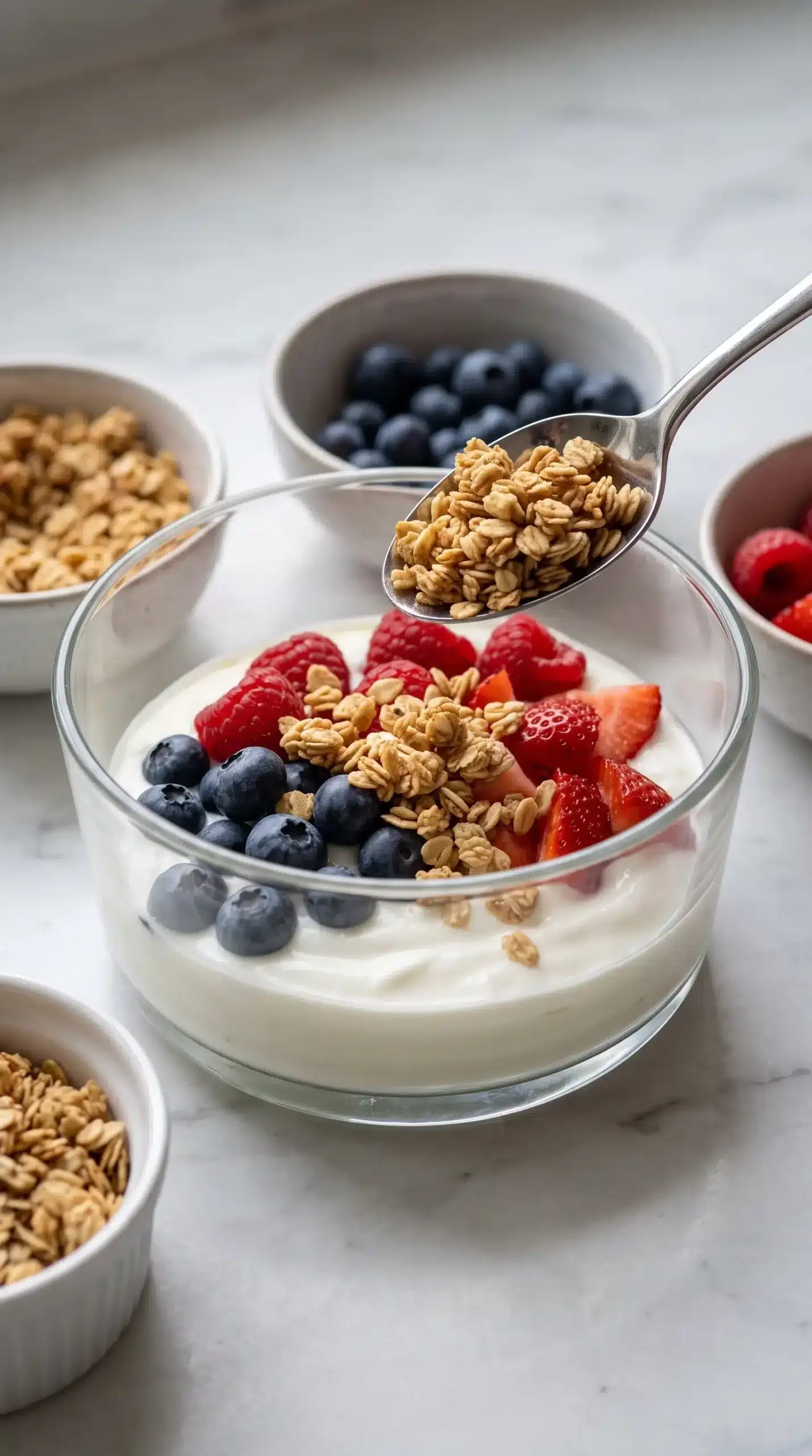 Greek yogurt granola bowl being assembled with fruit and crunchy granola layers