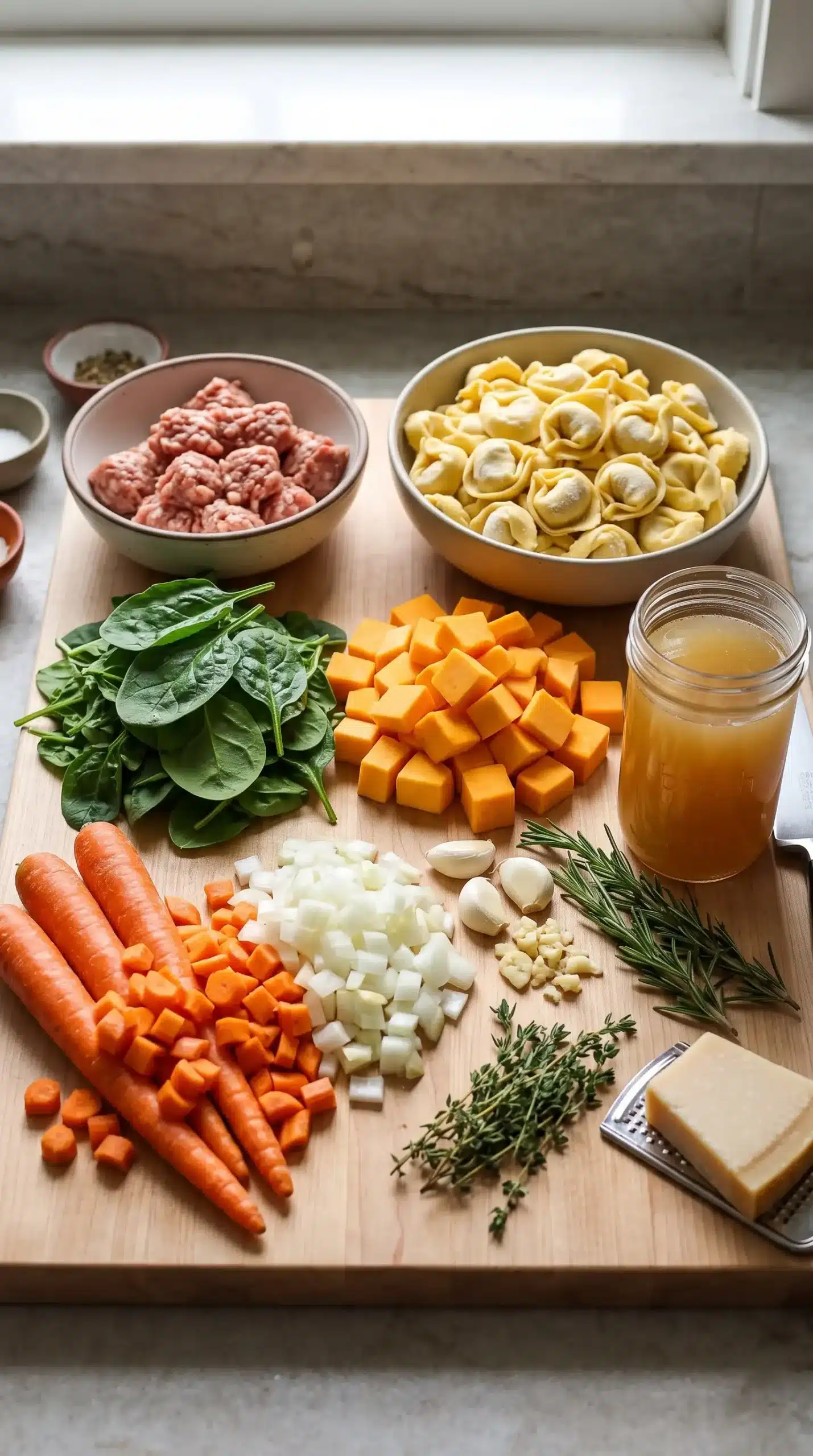 Ingredients for Autumn Tortellini Soup with sausage, tortellini, butternut squash, spinach, and vegetables