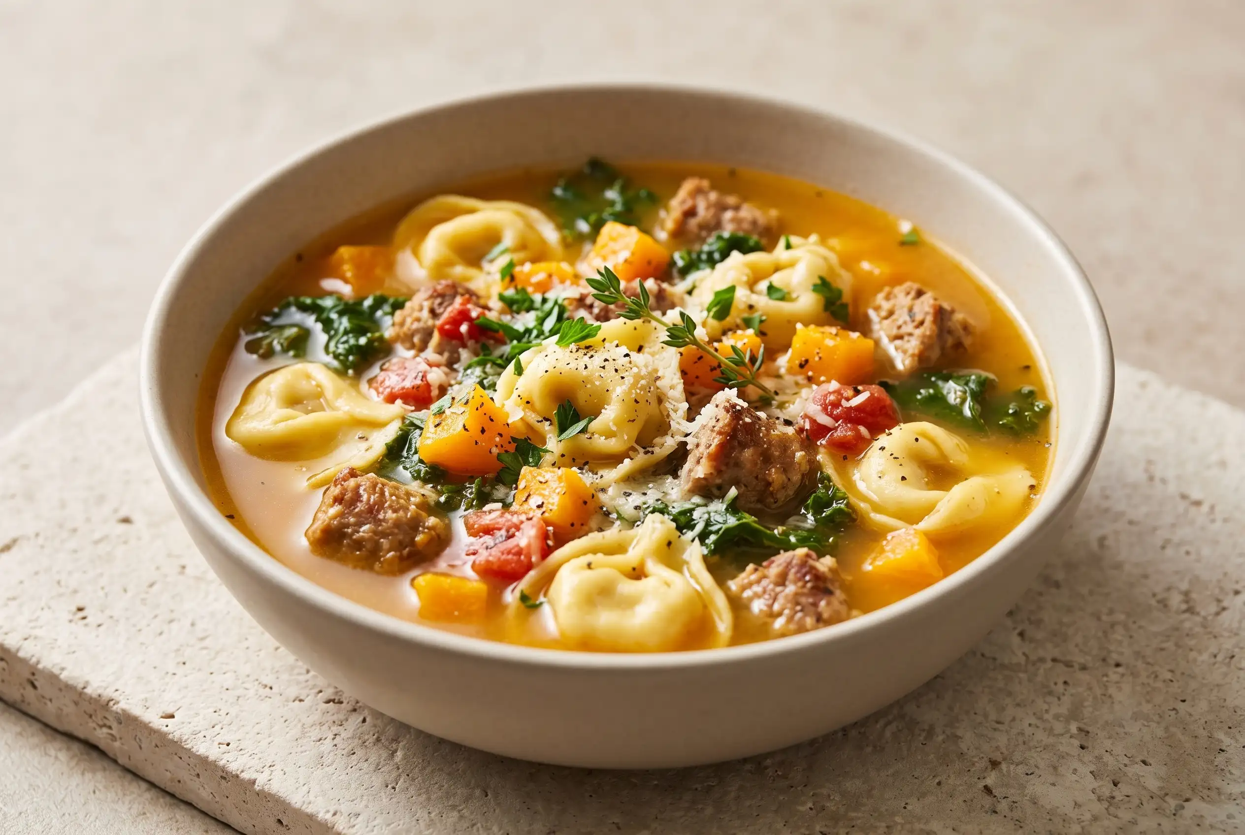 Autumn Tortellini Soup with sausage, cheese tortellini, butternut squash, vegetables, and herbs in a bowl