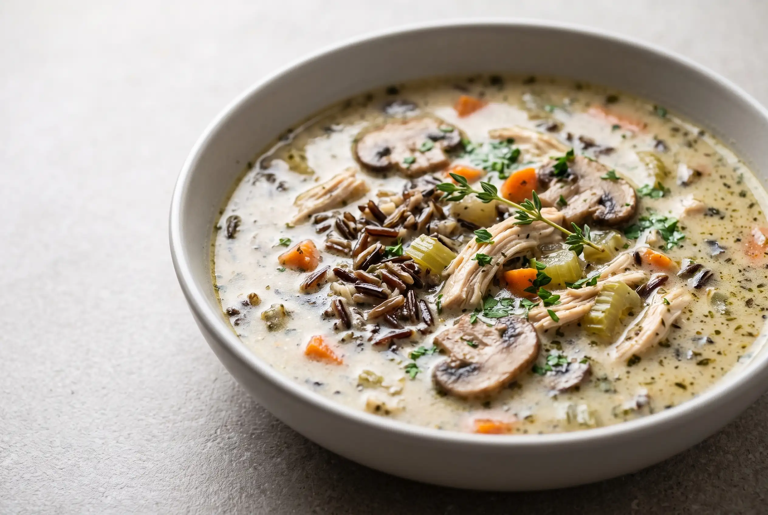 Autumn wild rice soup with chicken, mushrooms, vegetables, and creamy herb broth in a ceramic bowl