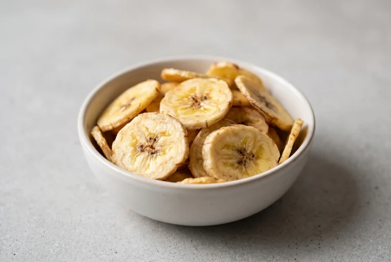 Bowl of crisp golden baked banana chips ready as a homemade snack