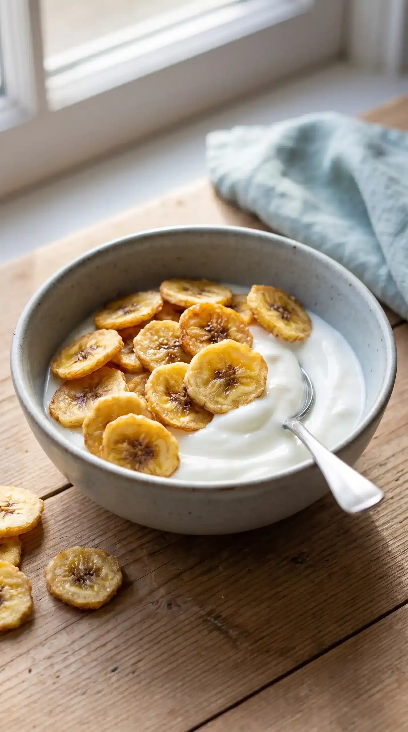 Crisp baked banana chips served over creamy yogurt as a topping