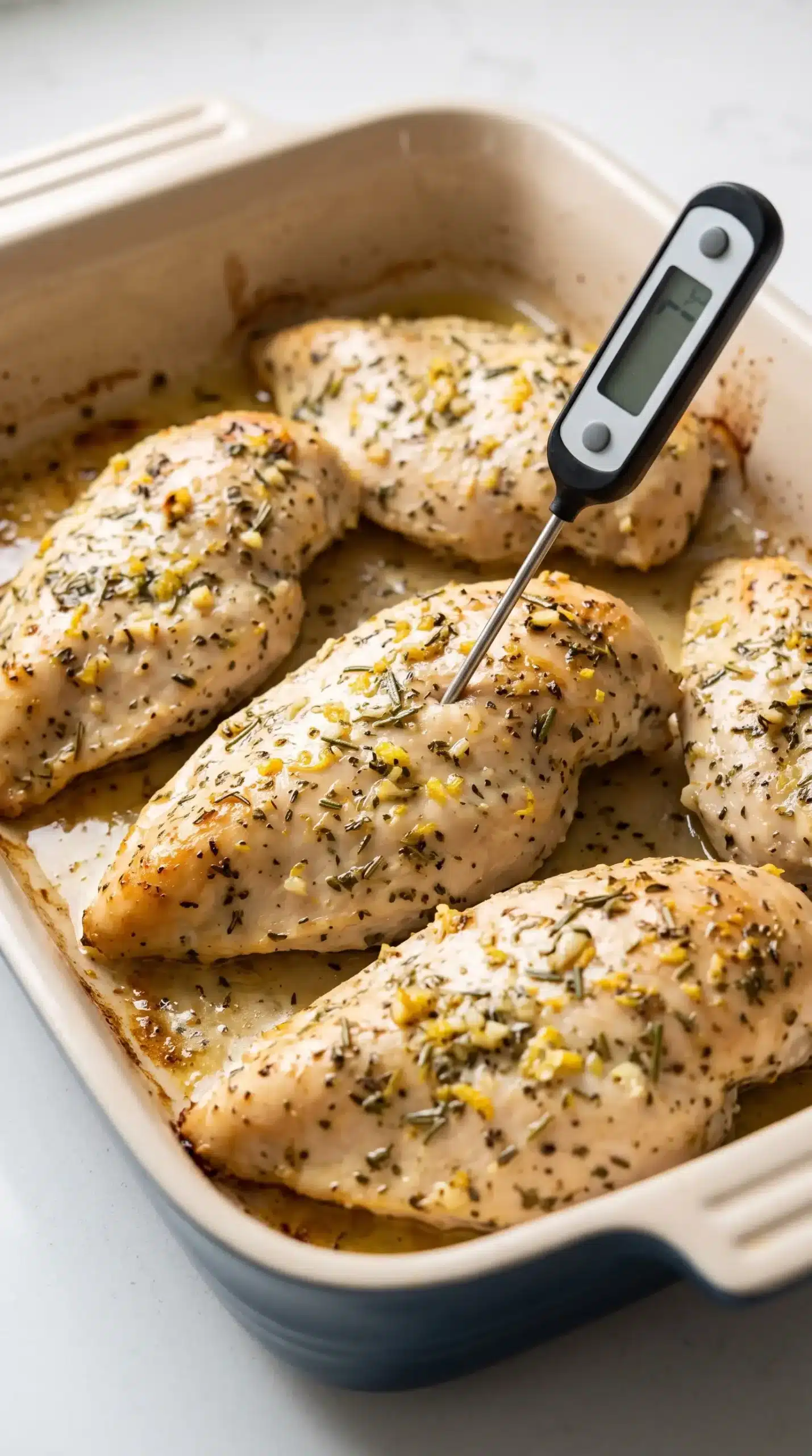 Baked boneless chicken breasts in a dish with herbs and a thermometer checking doneness