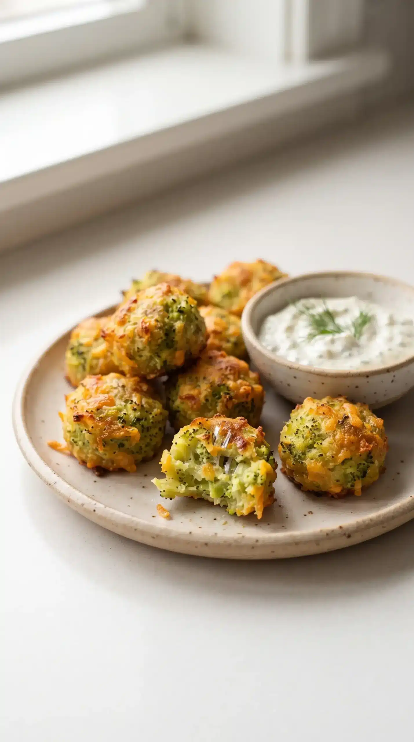 Baked broccoli tots with crisp cheddar edges served with dipping sauce