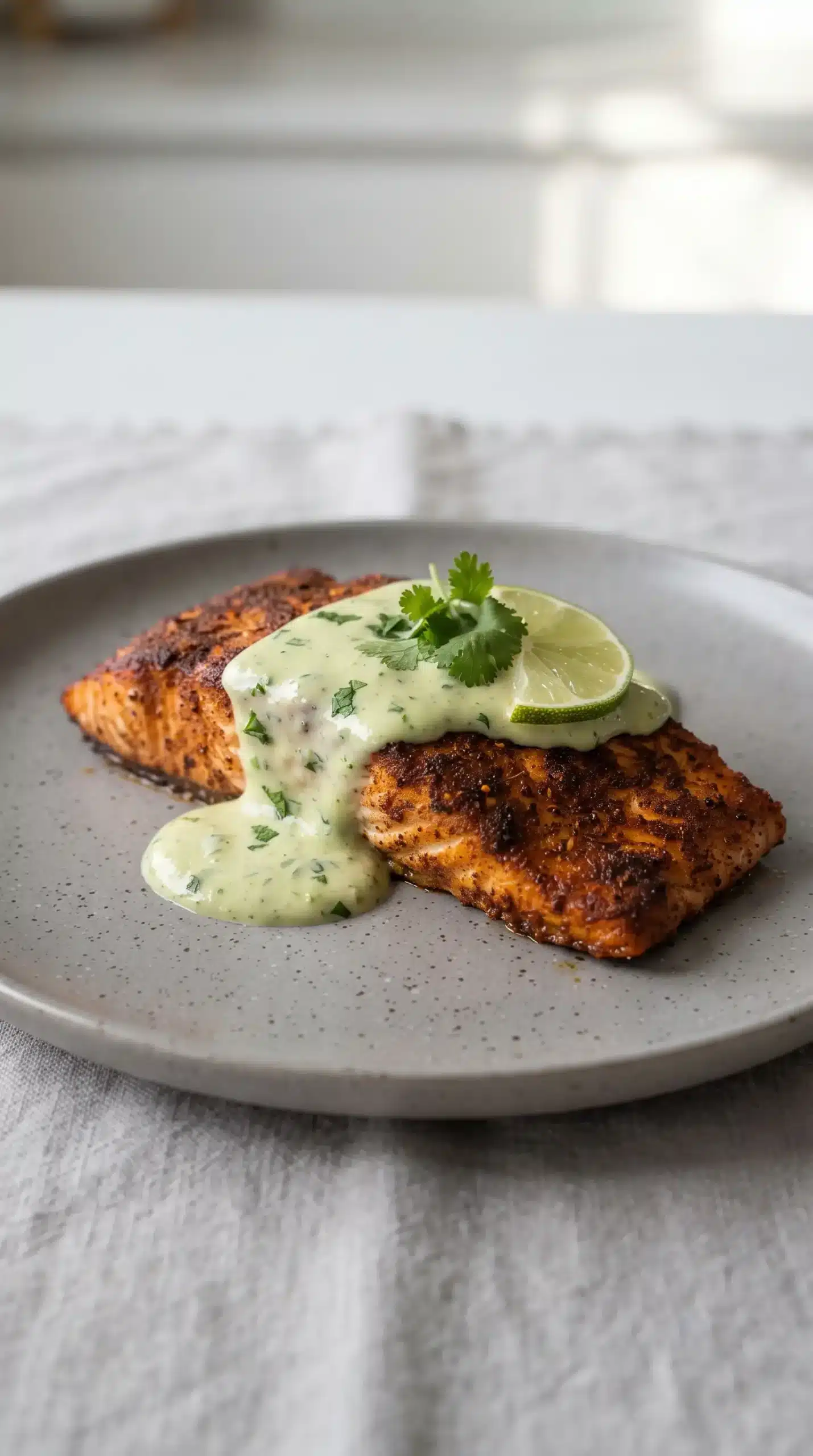 Baked Cajun salmon fillet with avocado lime sauce and fresh garnish
