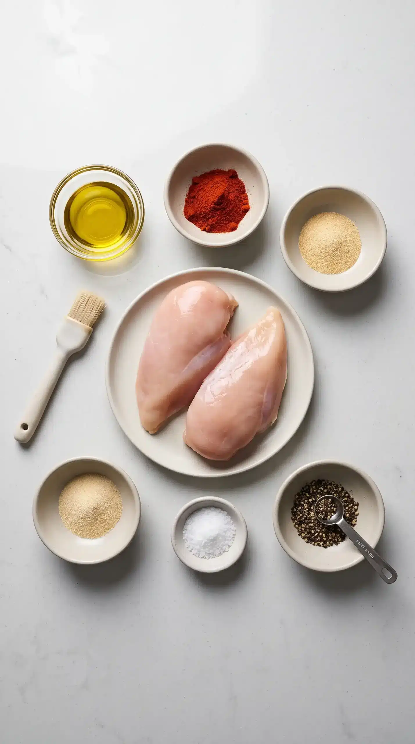 Chicken breasts, olive oil, garlic powder, onion powder, paprika, salt, and pepper arranged overhead