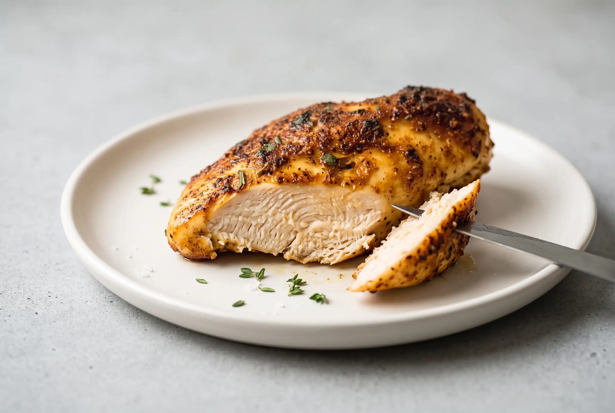 Juicy baked chicken breast with golden edges plated as a simple finished meal
