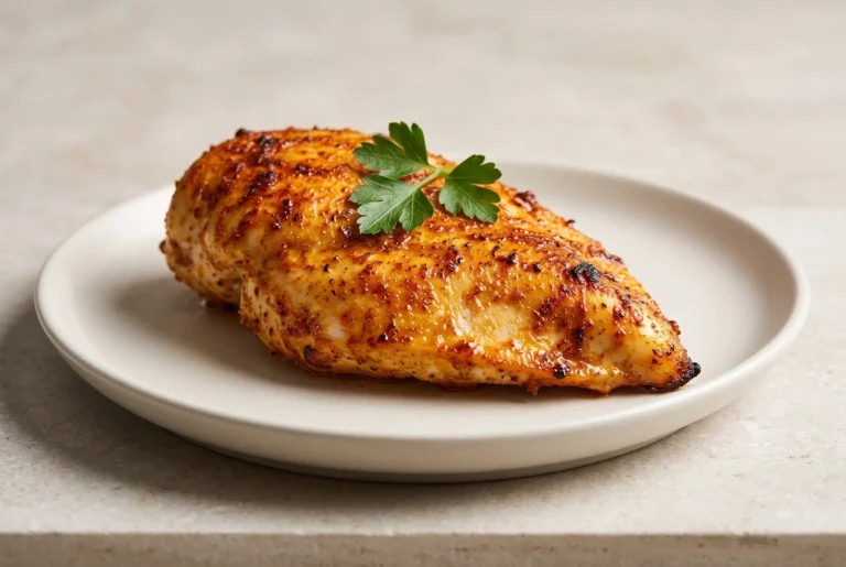 Whole baked chicken breast with a golden paprika crust and fresh parsley on a neutral plate