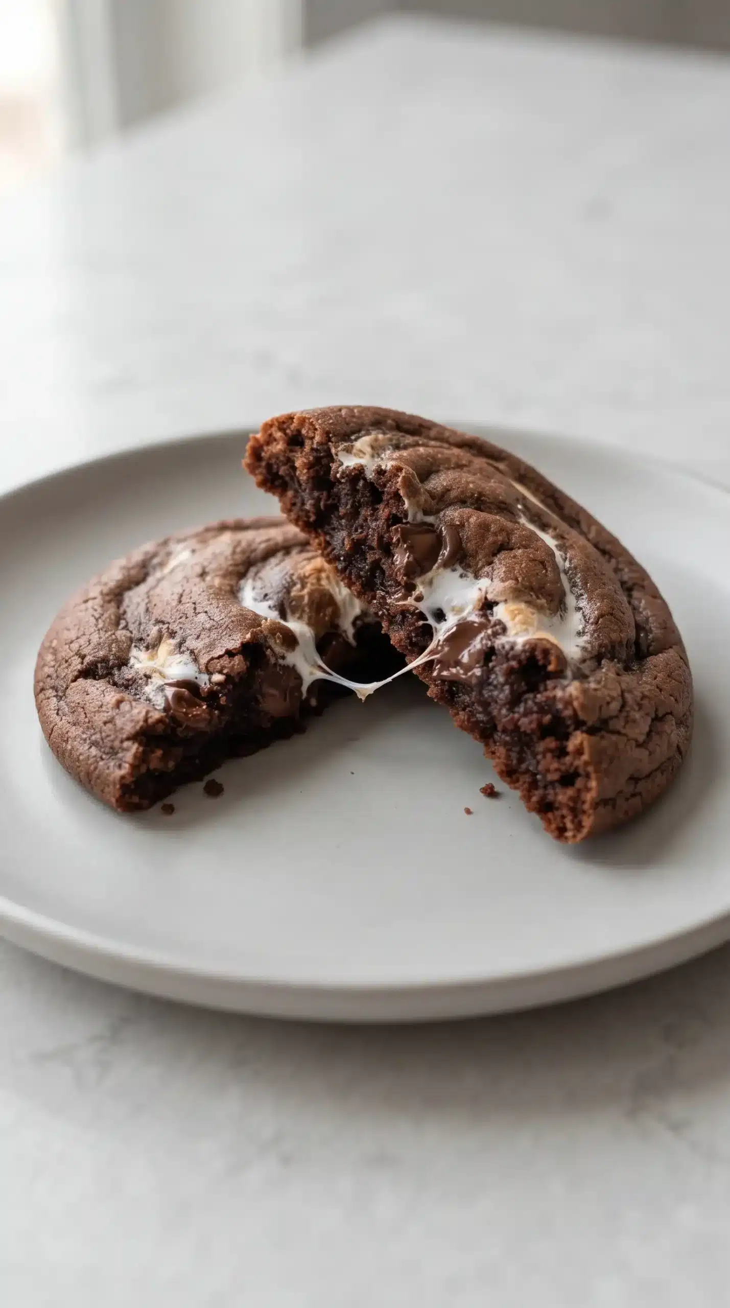 Baked chocolate marshmallow cookie broken open with melted chocolate chips and soft marshmallow center