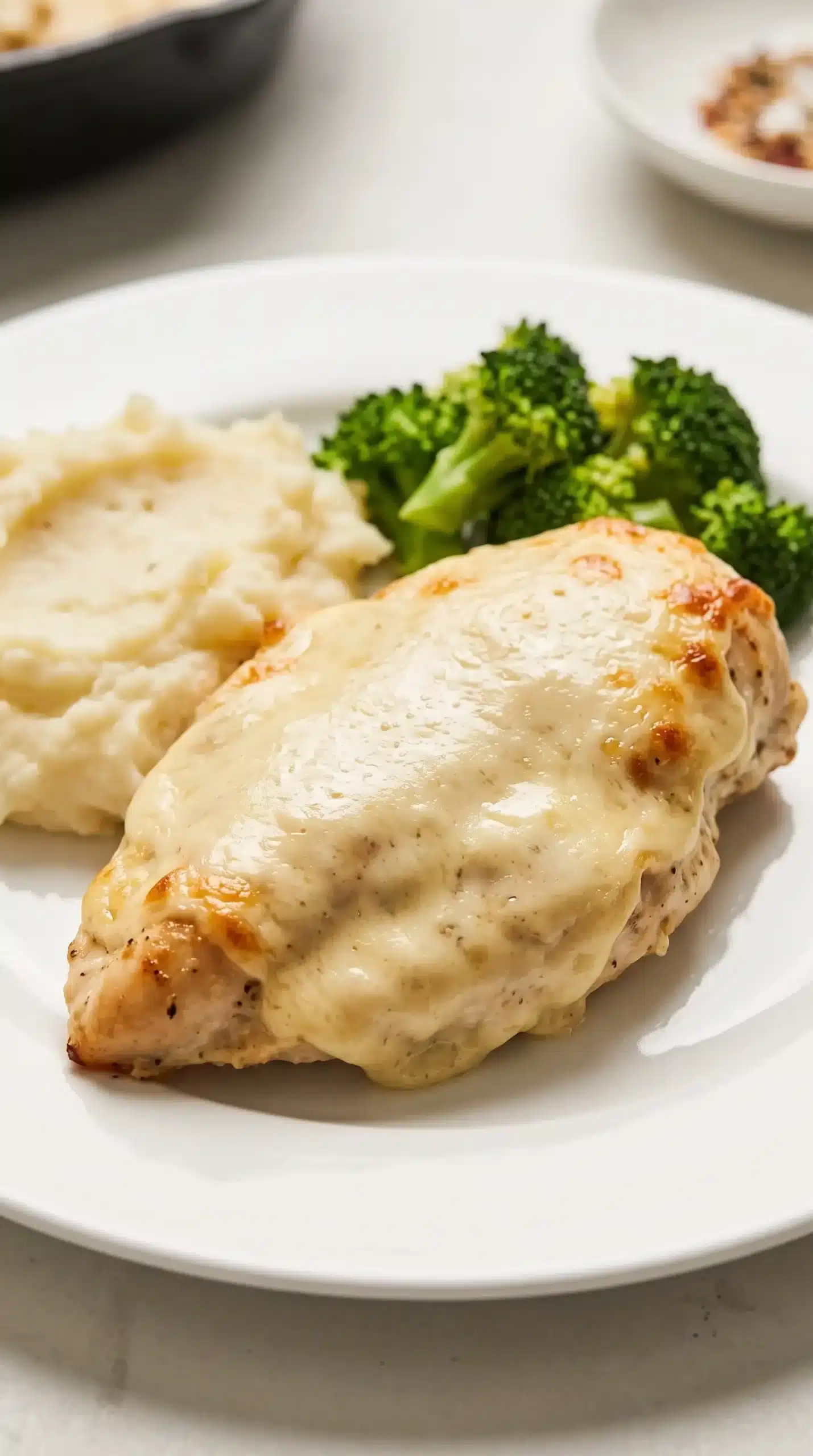 Baked cream cheese chicken served with mashed potatoes and broccoli