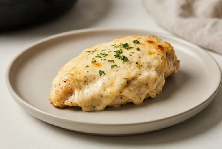 Baked cream cheese chicken with mozzarella and Parmesan topping on a plate