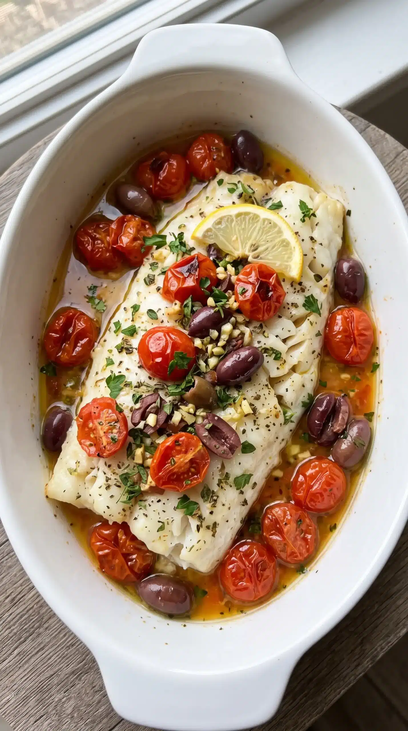 Baked white fish with roasted tomatoes, olives, garlic, herbs, and light sauce