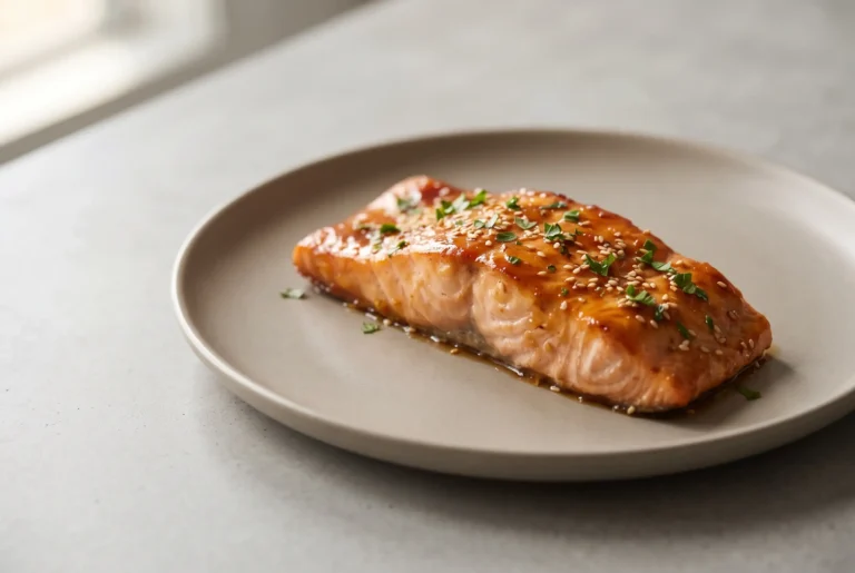 Baked honey garlic salmon fillet with glossy glaze on a neutral plate