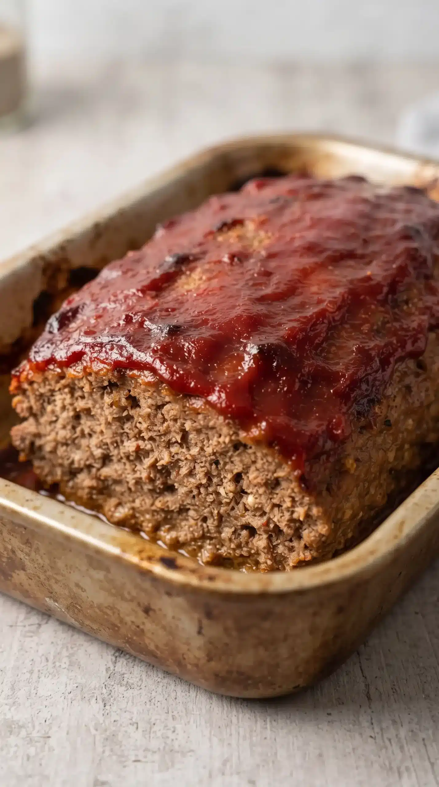 Freshly baked beef meatloaf with caramelized ketchup glaze topping