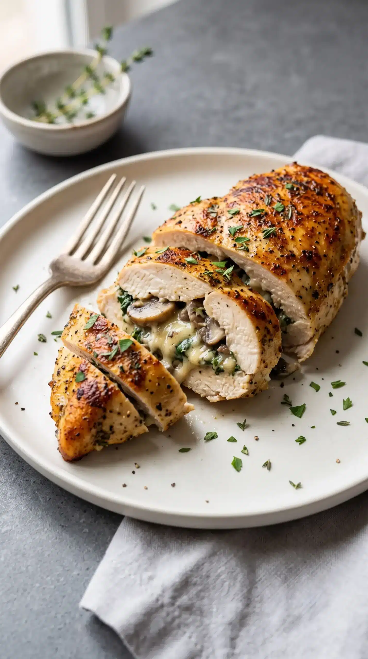 Baked mushroom stuffed chicken breast sliced to show creamy filling and tender chicken