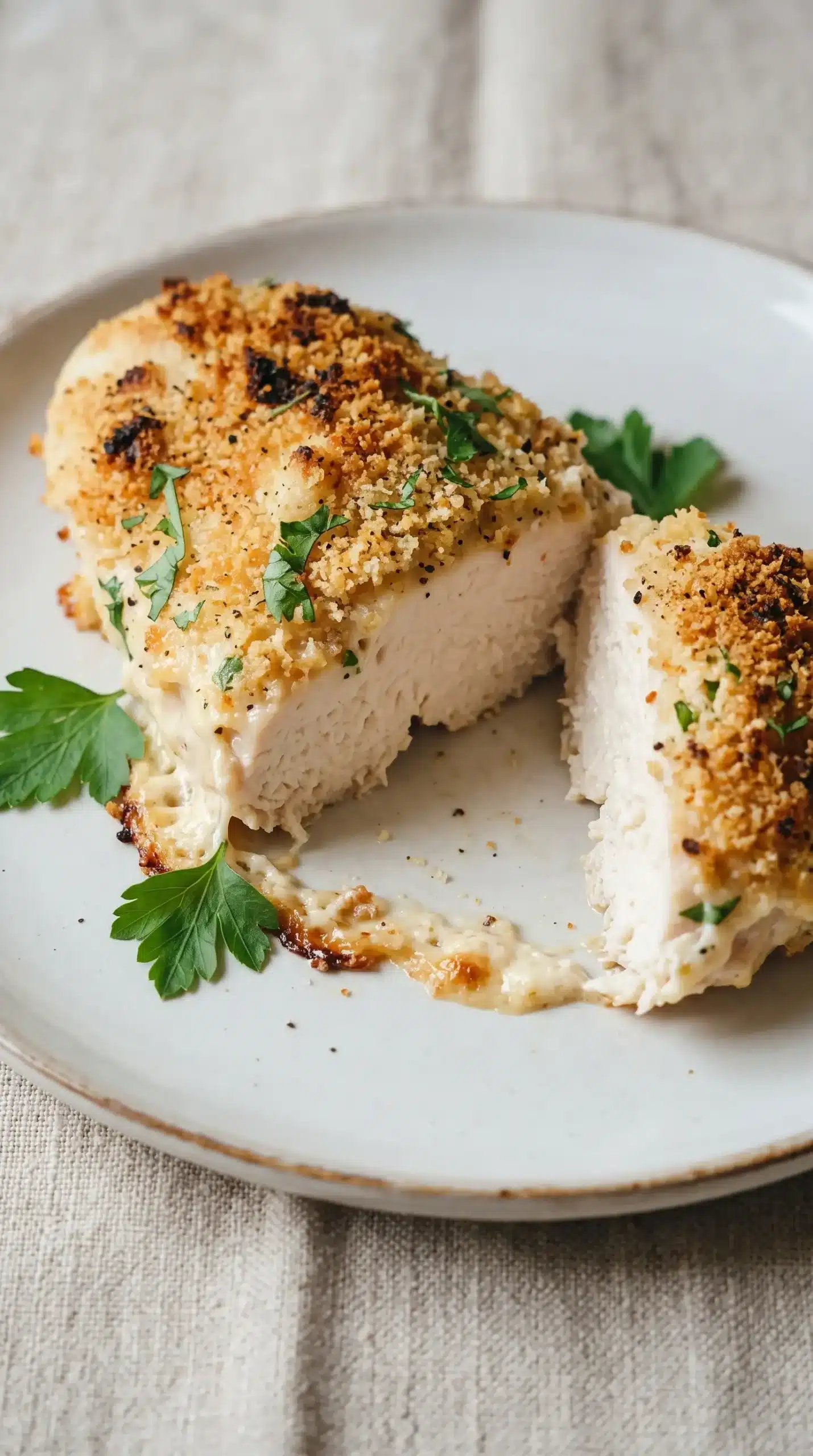 Baked chicken breast with golden Parmesan topping and tender interior