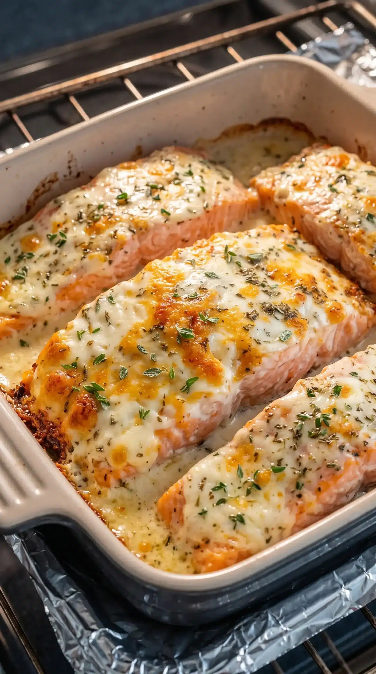 Salmon fillets with creamy mayo cheese topping baking in a dish