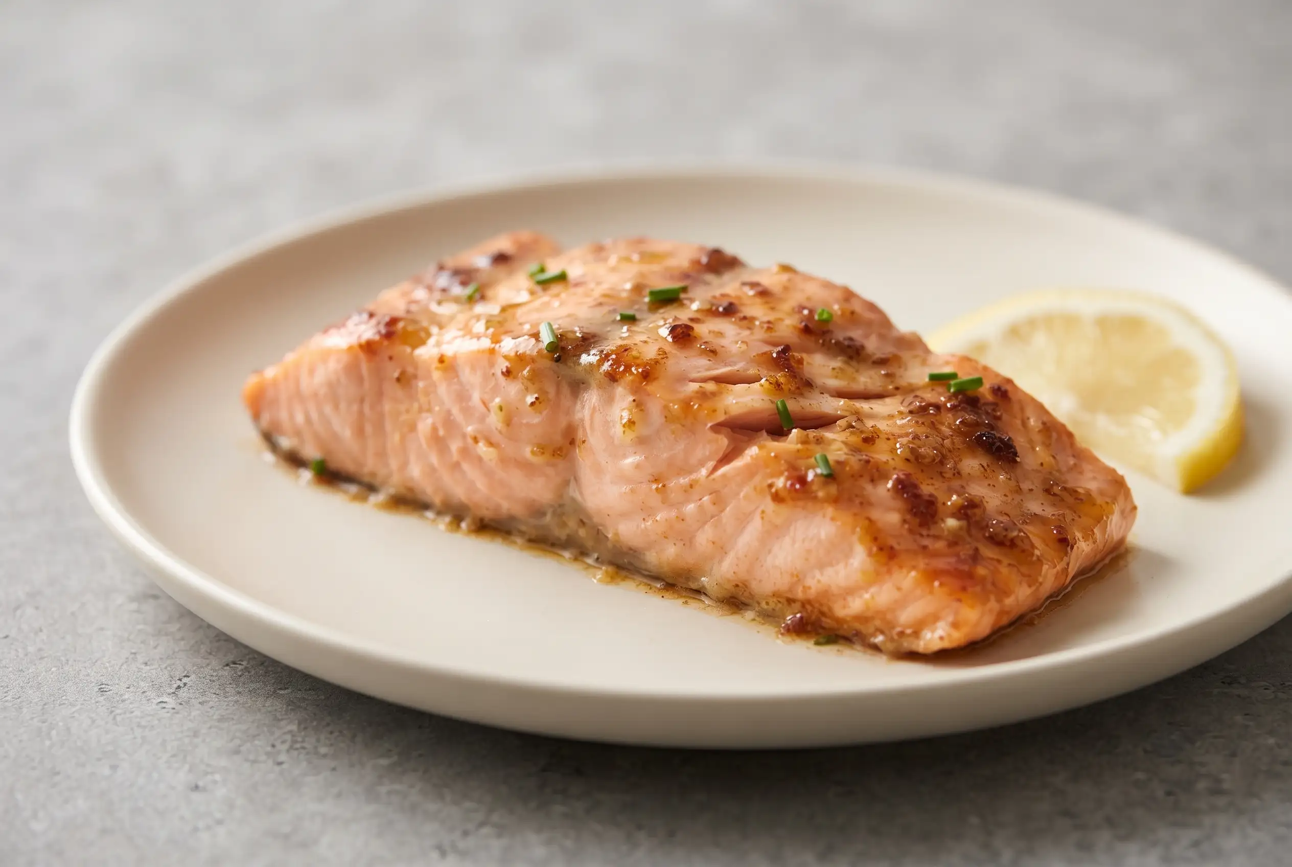 Baked salmon recipe with garlic butter glaze, lemon garnish, and flaky salmon fillet on a plate