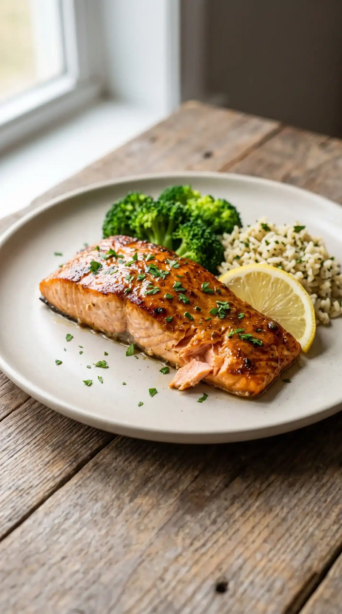 Baked salmon fillet with garlic butter glaze, lemon wedge, broccoli, and rice pilaf