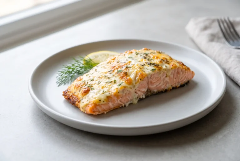Baked salmon with mayo and cheese topped with golden Parmesan crust and fresh dill