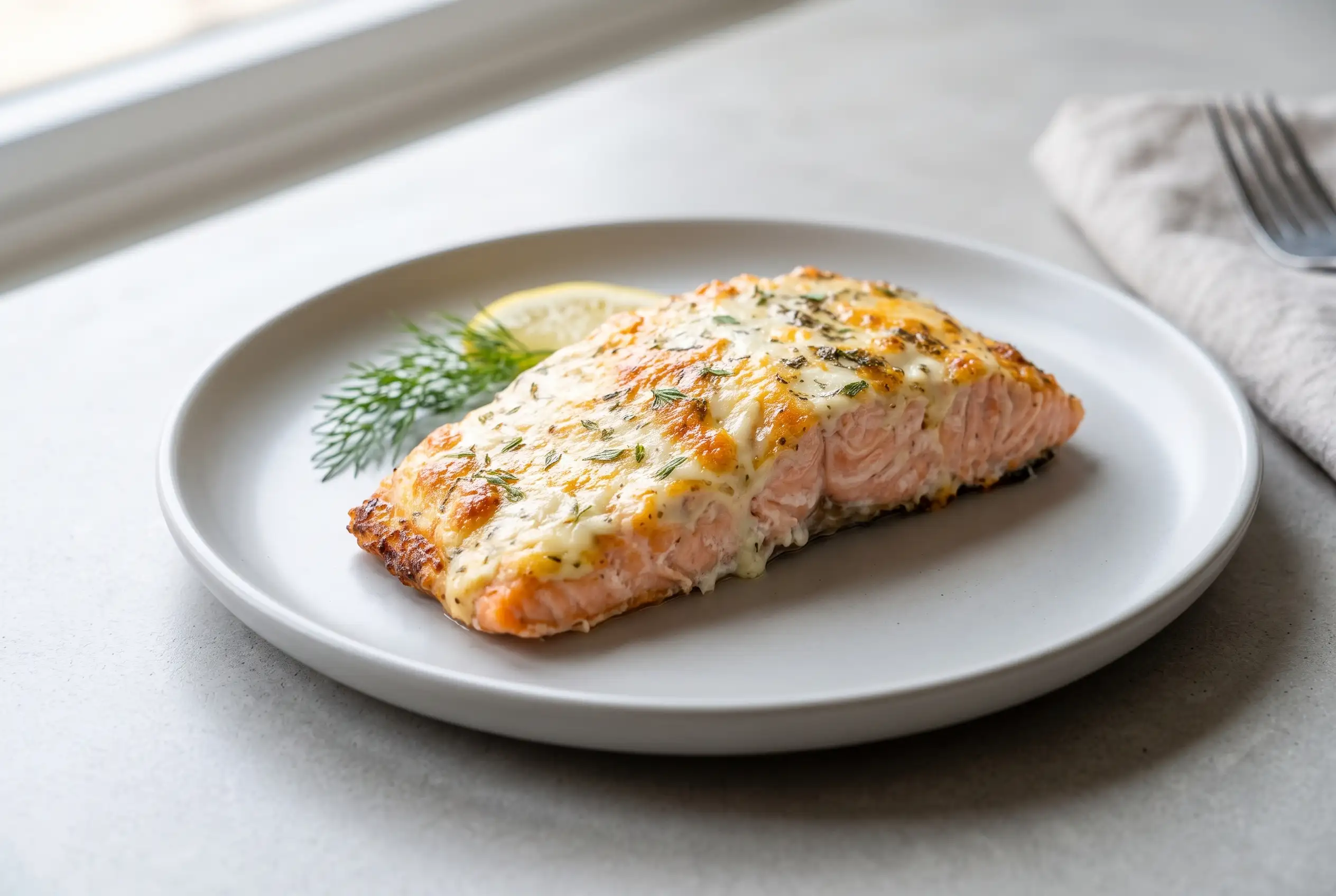Baked salmon with mayo and cheese topped with golden Parmesan crust and fresh dill