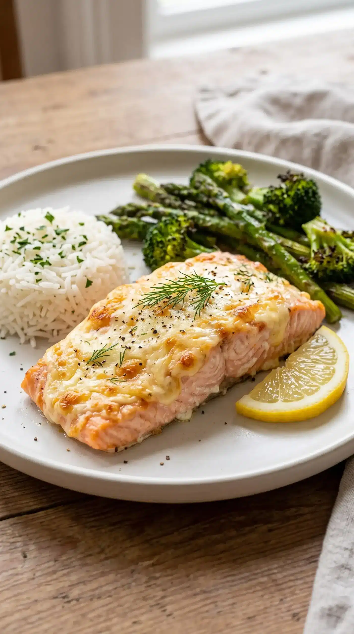 Plated baked salmon with mayo and cheese served with vegetables and rice