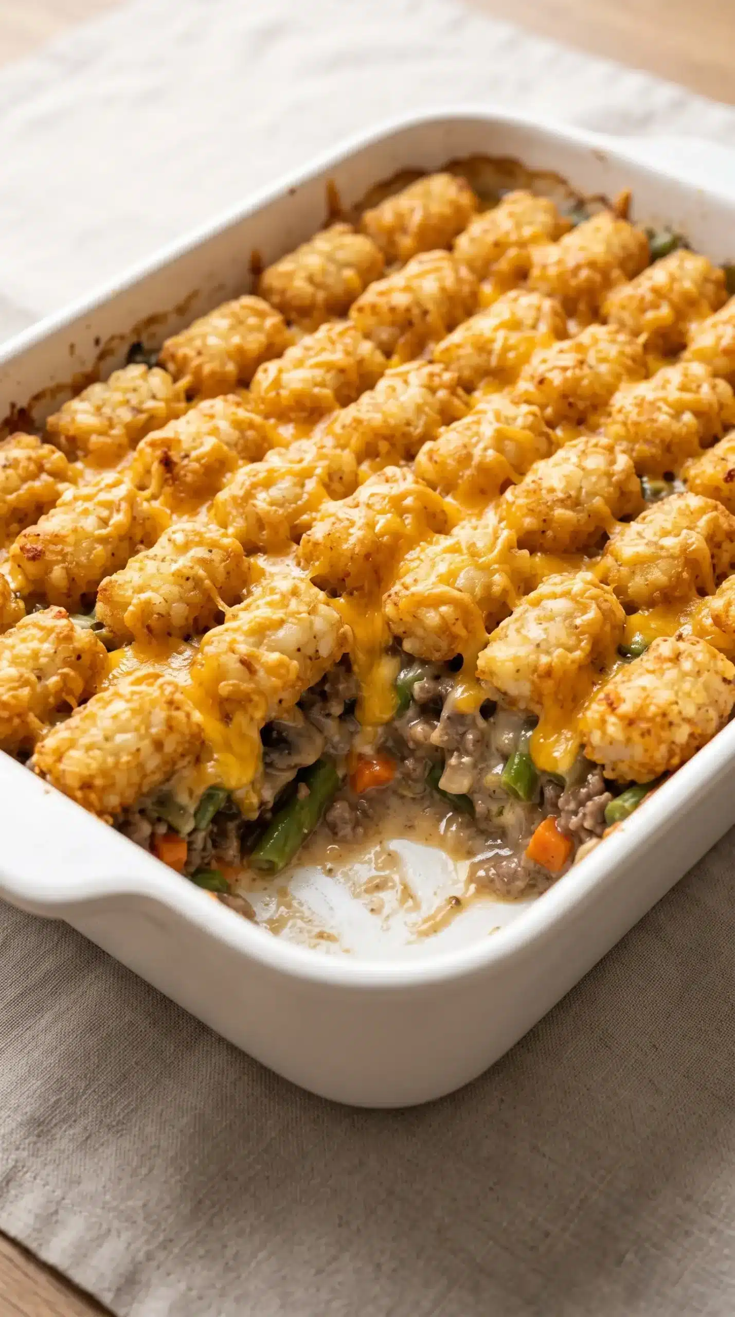 Baked tater tot casserole with crispy potato topping, melted cheddar, and creamy beef filling