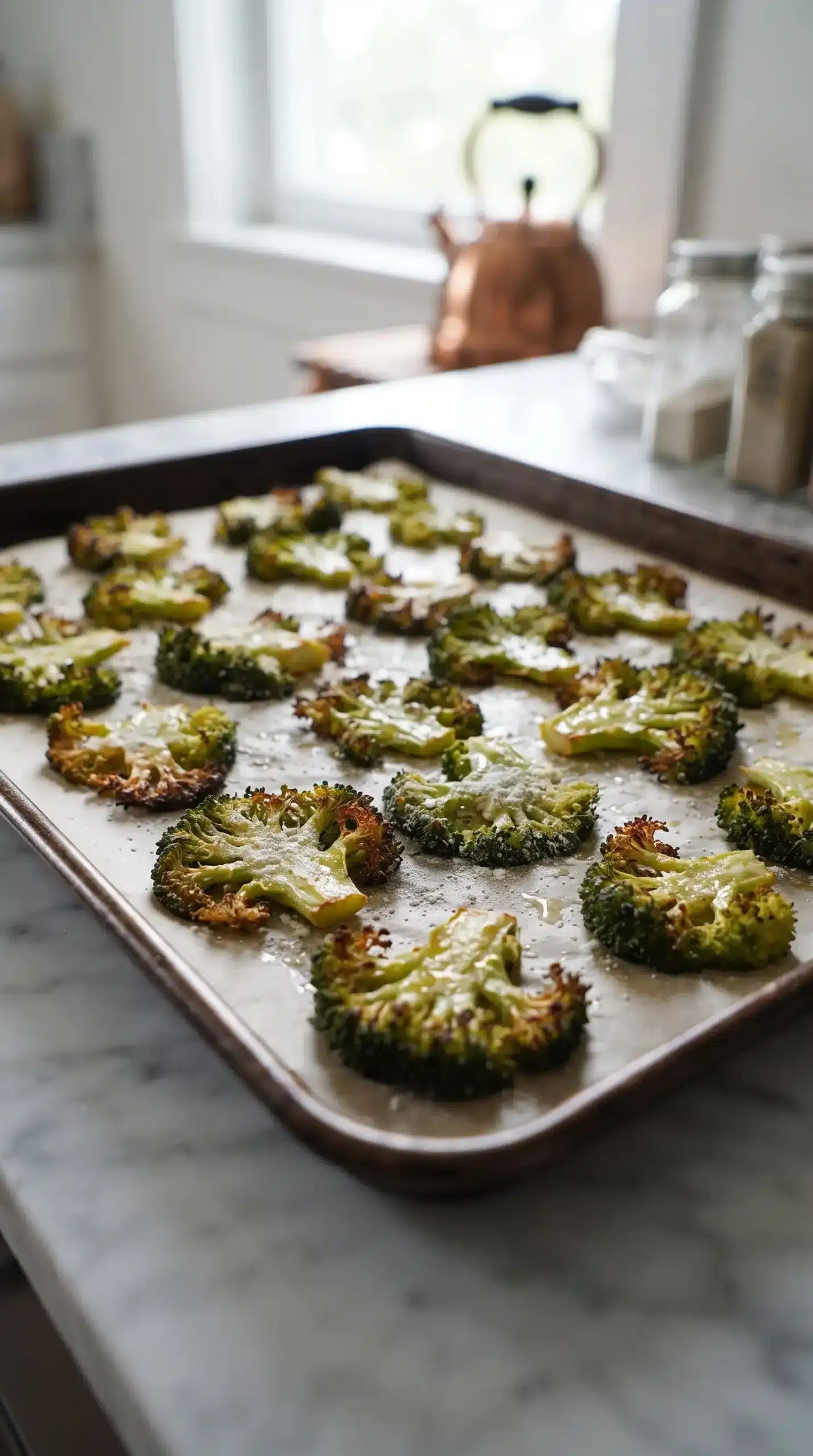 Flattened broccoli florets on a baking sheet developing crisp golden edges in the oven